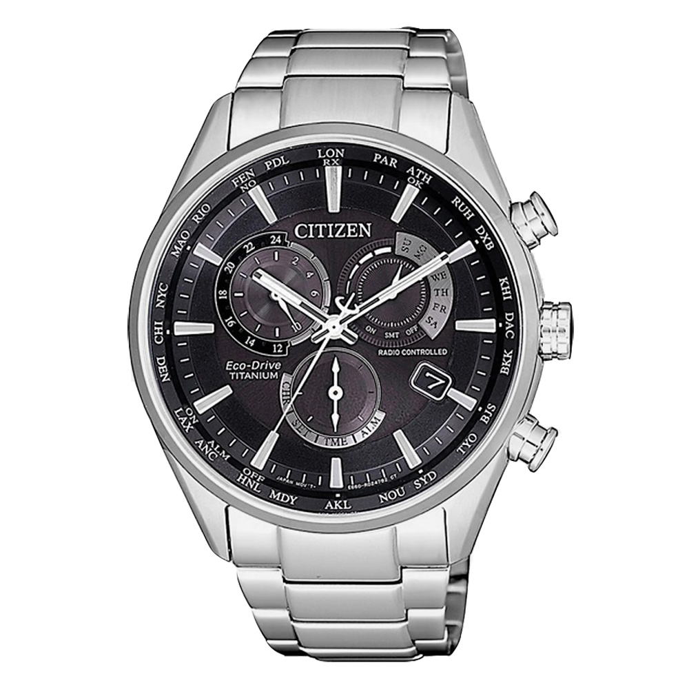 CITIZEN 光動能時尚鈦金屬三眼腕錶-銀X黑(CB5020-87E)/42mm