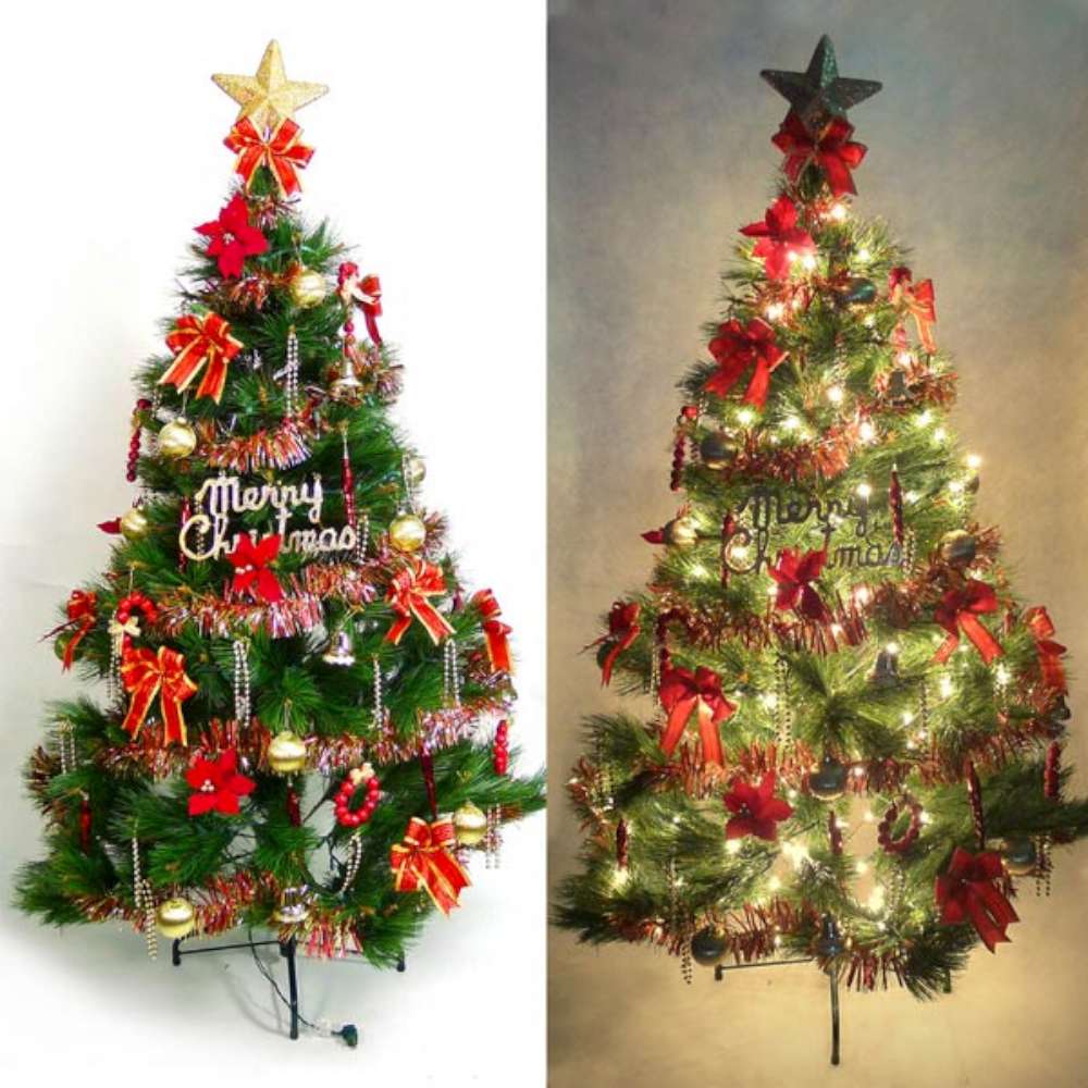 摩達客 12尺特級綠松針葉聖誕樹+紅金色系配件+100燈鎢絲樹燈8串