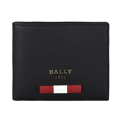 BALLY BEYVE鐵灰字LOGO紅白紅橡膠條紋防刮牛皮6卡對折短夾(黑)