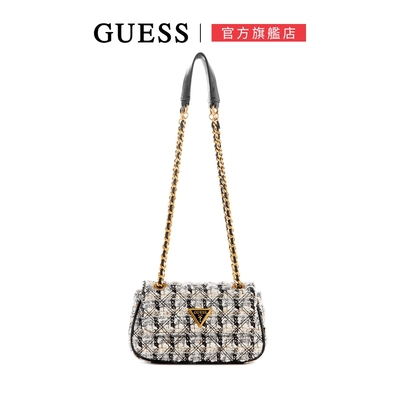 GUESS-女包-毛呢金蔥格紋肩背包-黑白