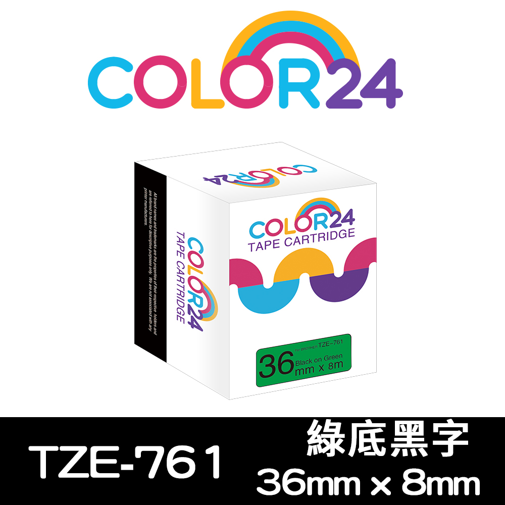 Color24 for Brother TZe-761 綠底黑字相容標籤帶(寬度36mm)