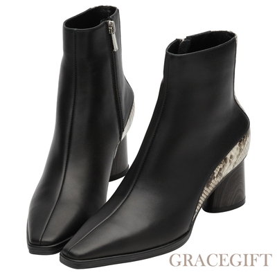 【Grace Gift】小貓聯名-大人感真皮俐落尖頭高跟短靴 蛇紋