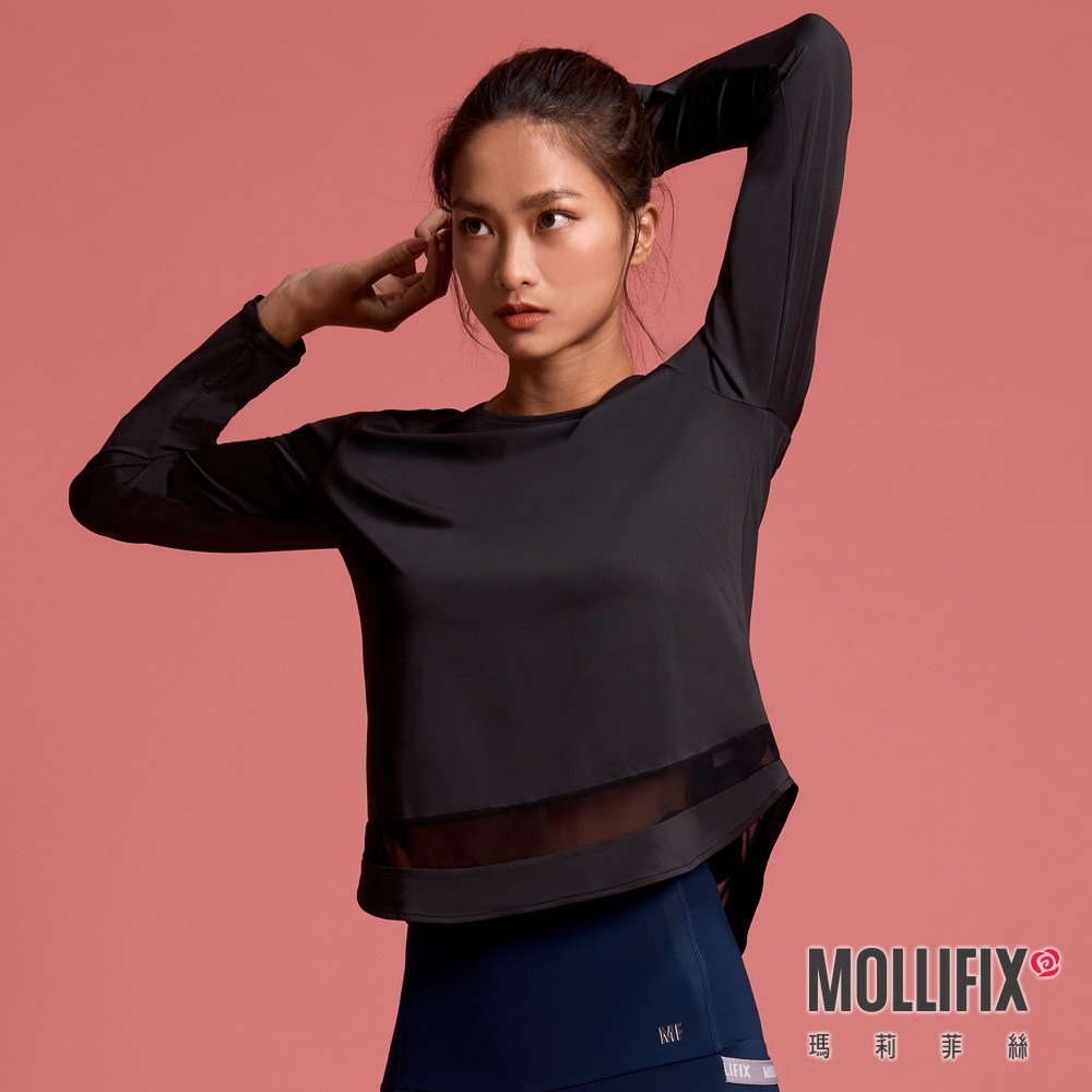 Mollifix 瑪莉菲絲 修身圓弧下擺長袖訓練上衣 (黑)