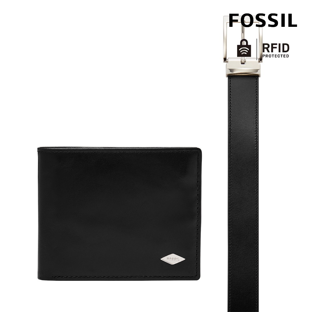 FOSSIL Ryan 真皮RFID防盜短夾皮帶禮盒組-黑色 MLG0720001