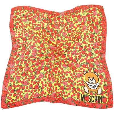 MOSCHINO 水果風情泰迪熊紅黃方框絲質方巾(68x68)