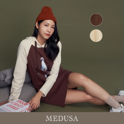 現貨【MEDUSA 曼度莎】美式米棕撞色休閒帽T洋裝 - 2色（M-XL）｜女休閒洋裝 連身裙 一件式