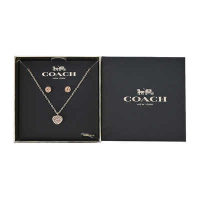 COACH 愛心內鑲鑽造型項鍊+穿式耳環套裝禮盒-金