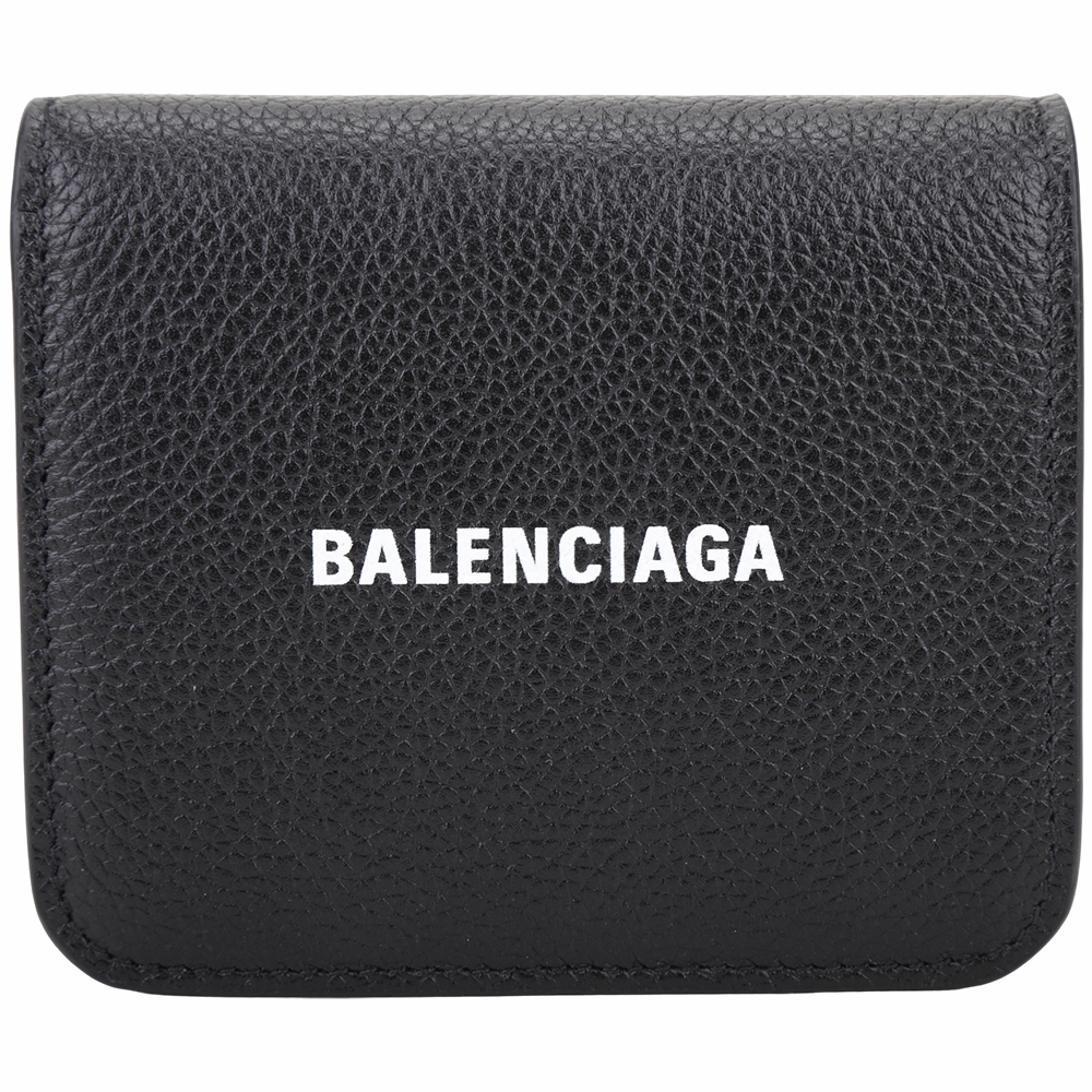 BALENCIAGA 字母印花荔紋牛皮對折短夾(黑色/內釦零錢袋)