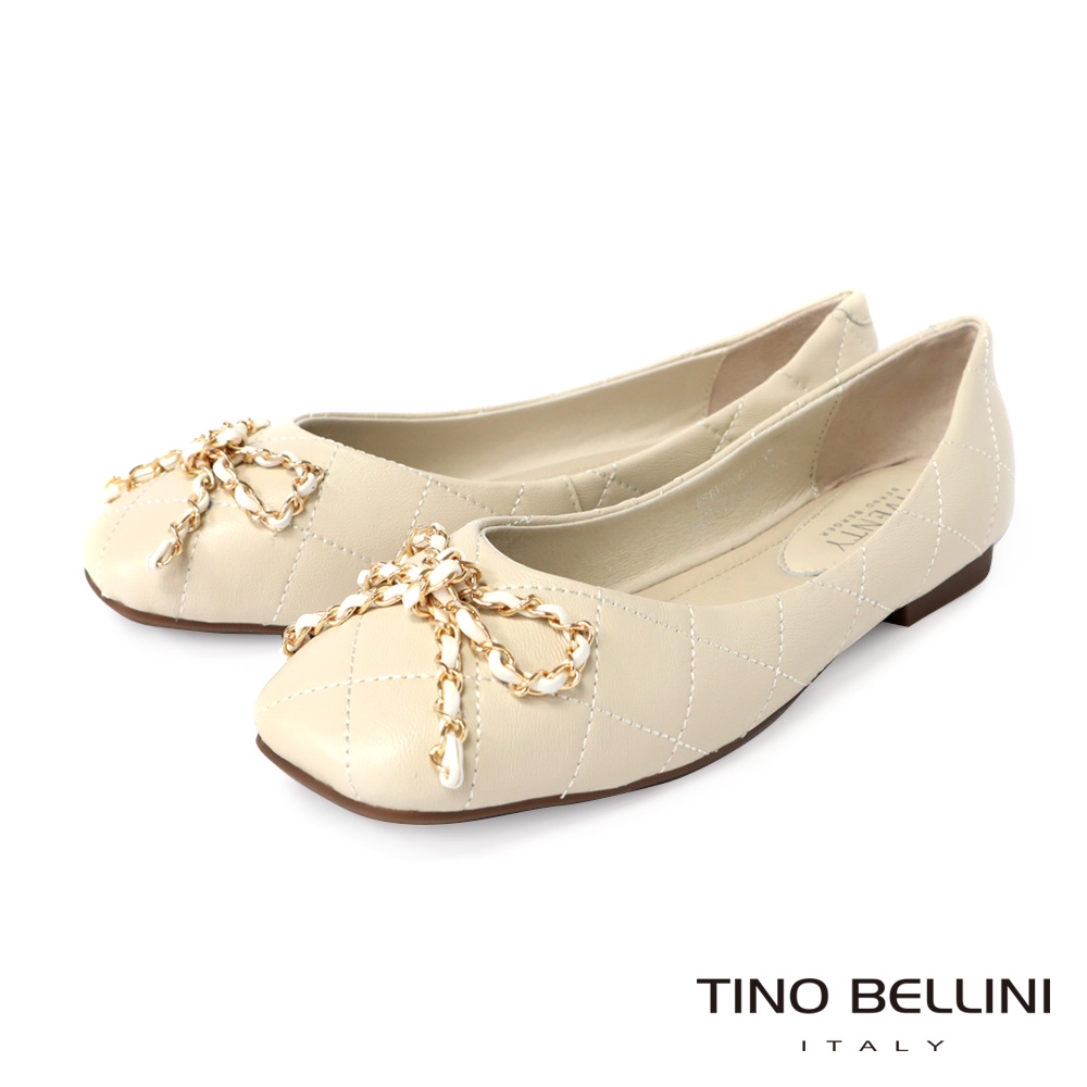 Tino Bellini 經典菱格紋蝴蝶結鍊飾羊皮方頭平底鞋-白