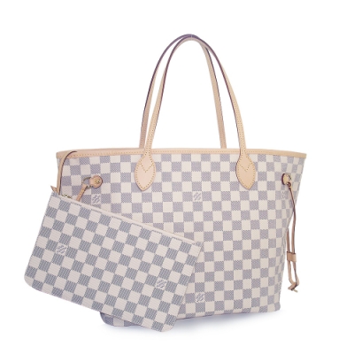 LV N41361 Damier Neverfull MM 白色棋盤格肩背購物包(中)