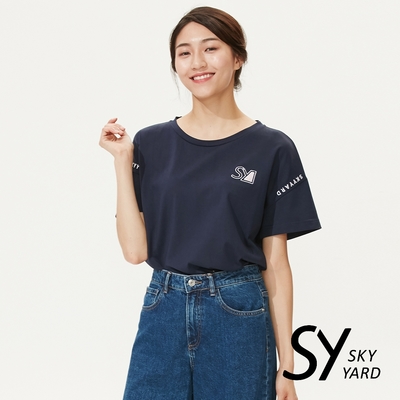 【SKY YARD】網路獨賣款童趣色塊插畫印圖寬版圓領造型上衣-藍色