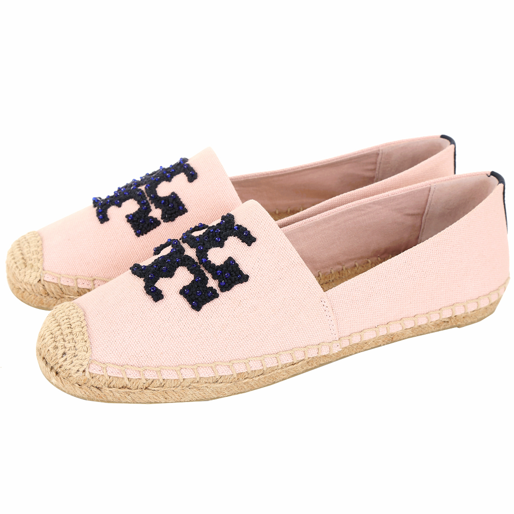 TORY BURCH Elisa 編織串珠LOGO麻料草編休閒鞋(粉色)