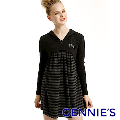 Gennies專櫃-貼布繡條紋拼接連帽洋裝(黑)H1801