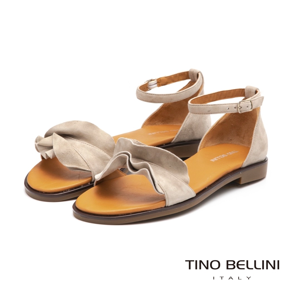 Tino Bellini啞光絨面荷葉邊平底涼鞋_灰白