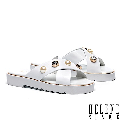 拖鞋 HELENE SPARK 珍珠白鑽交叉羊皮厚底拖鞋－白