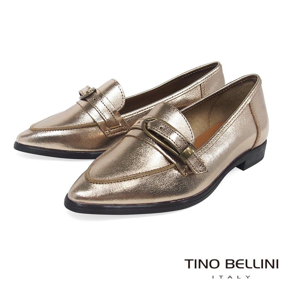 Tino Bellini 義大利進口皮帶飾釦尖楦微跟樂福鞋 _ 香檳金