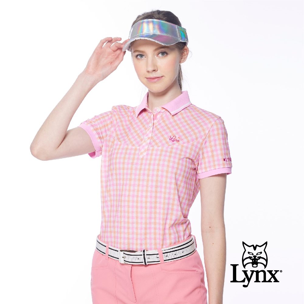 【Lynx Golf】女款吸濕排汗蛀蟲紗羅紋領滿版格紋短袖POLO衫/高爾夫球衫-粉紅色