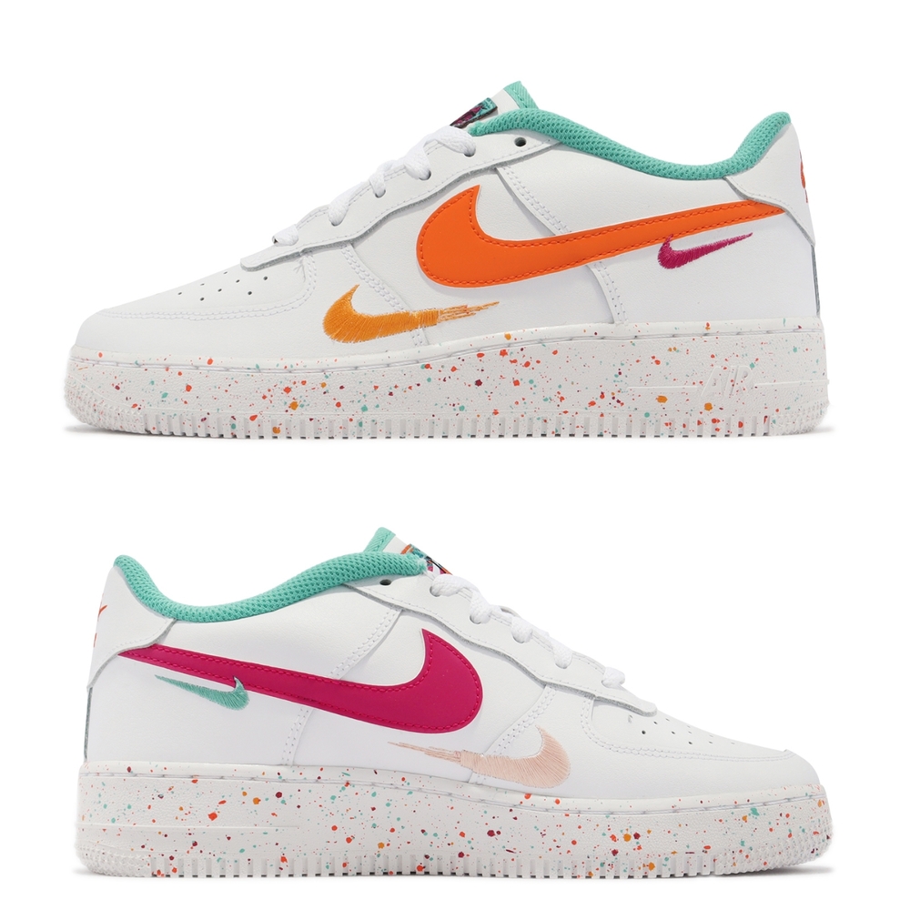 Nike 休閒鞋Air Force 1 LV8 GS 大童鞋女鞋CNY 白橘桃紅AF1 潑墨多勾