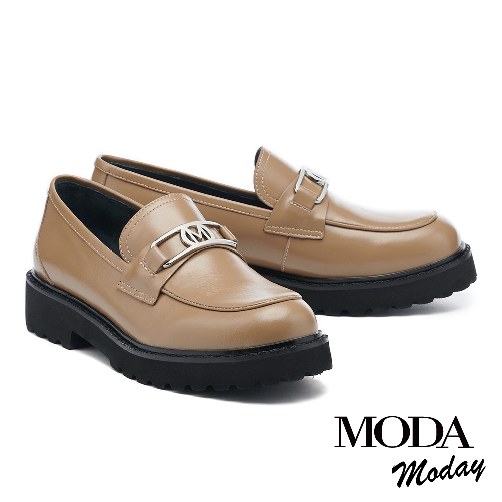 厚底鞋  MODA MODAY 日常率性LOGO全真皮樂福厚底鞋 - 可可