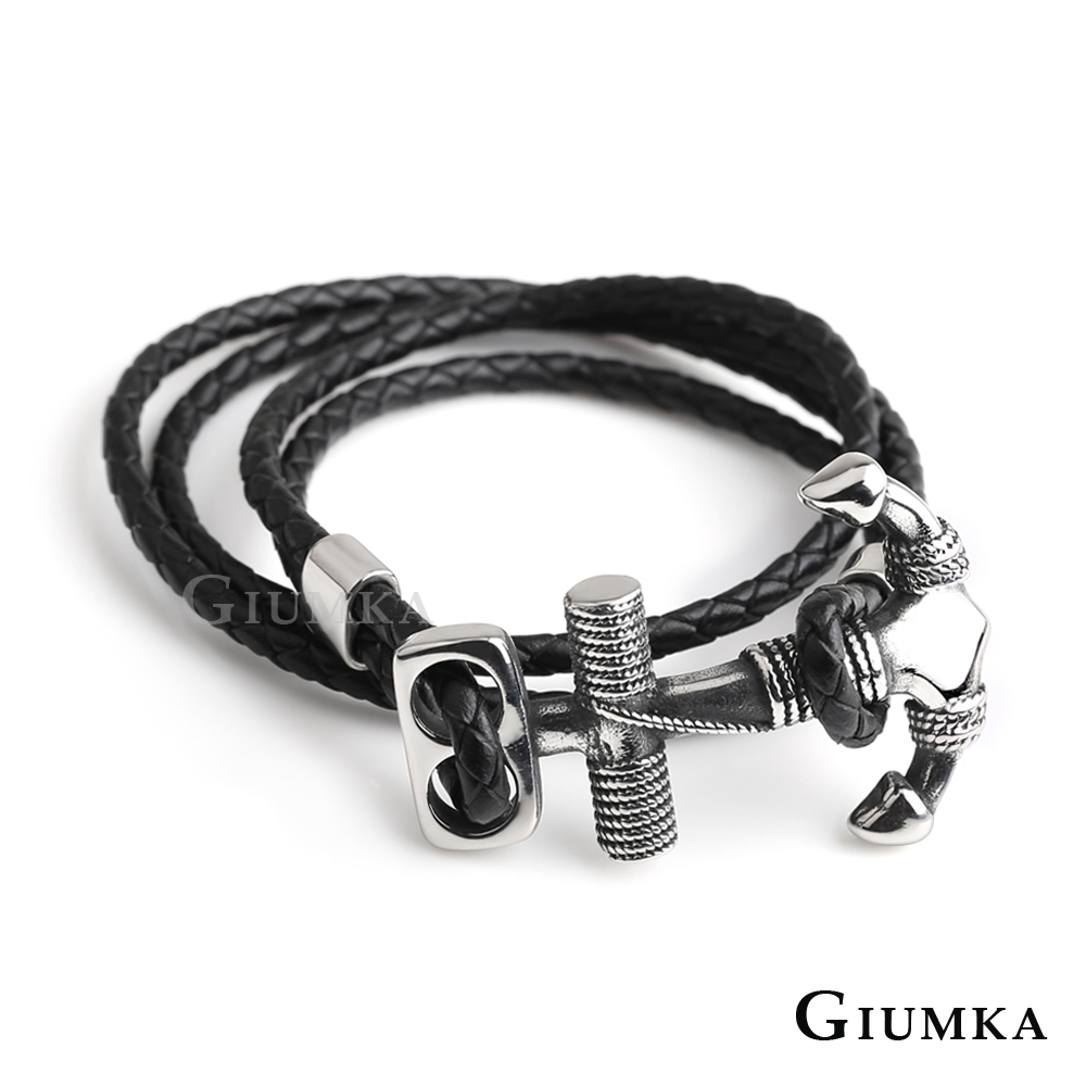 GIUMKA編織皮革手鍊手環夏日海洋風白鋼魚鉤造型雙圈層次手鏈MH08035