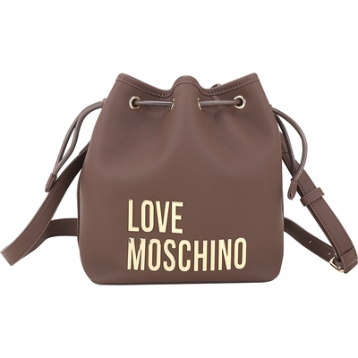 LOVE MOSCHINO 金色字母皮革斜背水桶包(咖啡色)