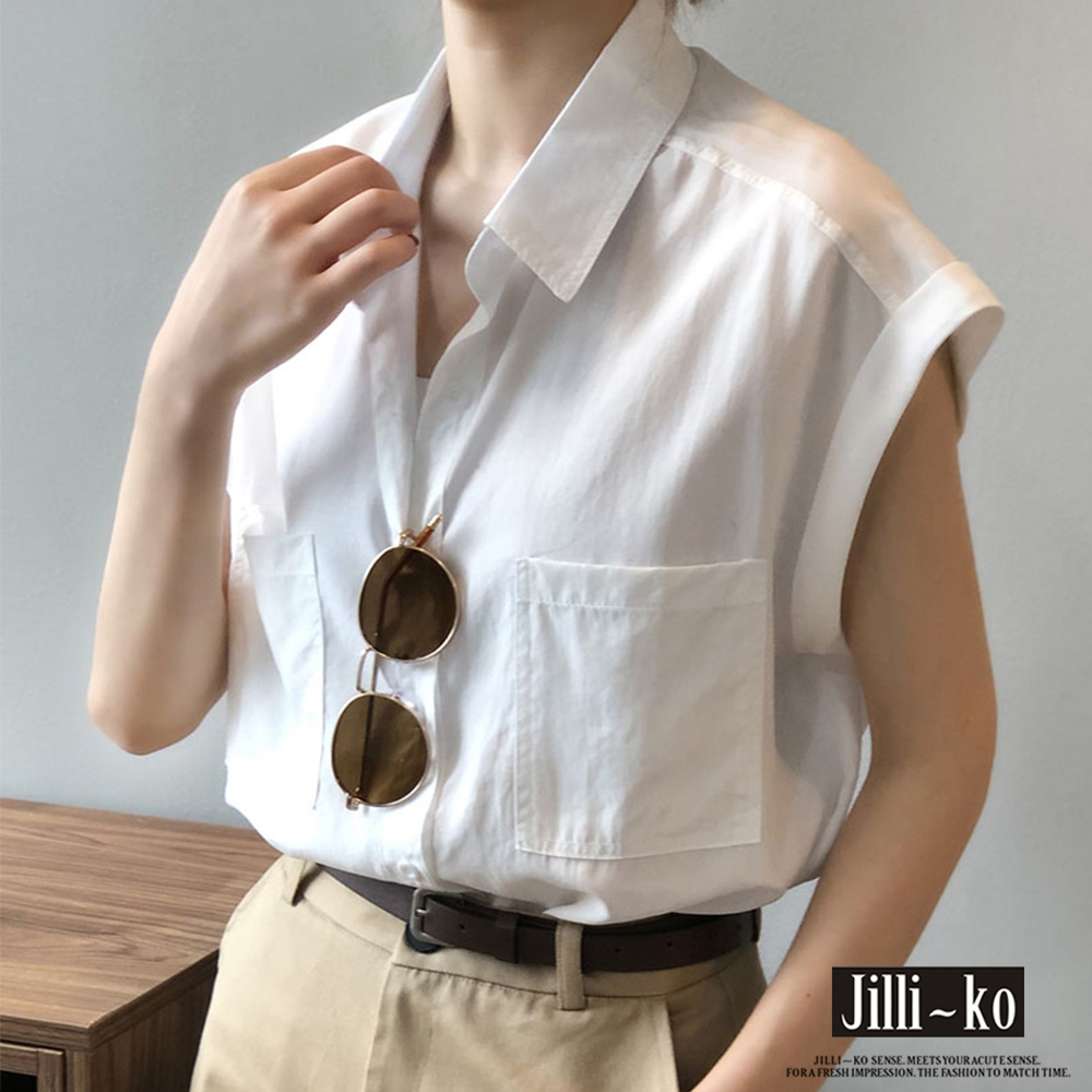 JILLI-KO 時尚棉麻無袖襯衫- 白色