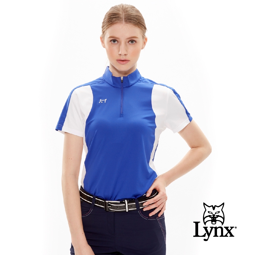 【Lynx Golf】女款吸汗速乾修身素面款短袖立領POLO衫-藍色