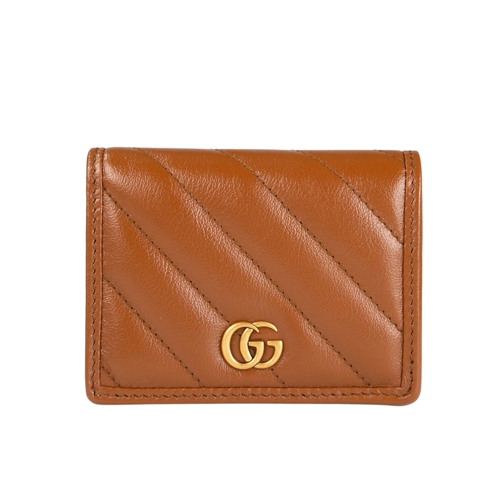 GUCCI Marmont 斜紋行縫牛皮紋復古金屬LOGO零錢包短夾(棕色)