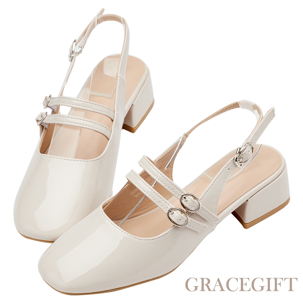 【Grace Gift】復古方頭雙帶瑪莉珍後空中跟鞋 米白漆