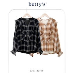 betty’s貝蒂思 雪紡格紋荷葉邊V領襯衫(共二色)