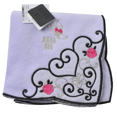 ANNA SUI 荷葉邊愛心蕾絲圖騰彩蝶圖騰字母LOGO刺繡小方巾(淺紫系)