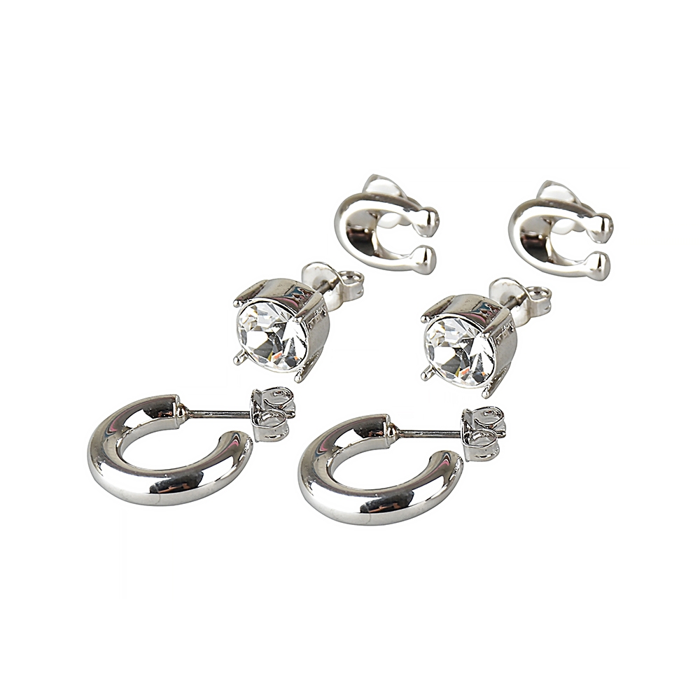 COACH 俐落簡約設計鑽鑲飾穿式耳環三件組(銀)