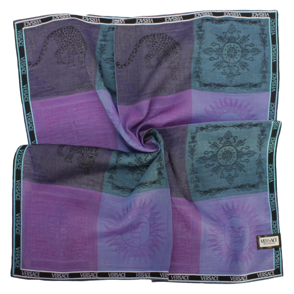VERSACE凡賽斯 古典太陽神花豹拼色純棉帕巾領巾-紫色/藍綠色