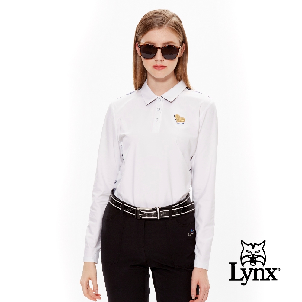 【Lynx Golf】女款吸濕排汗後背滿版愛心印花長袖POLO衫-白色