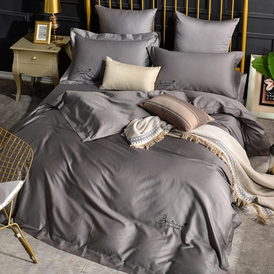 Betrise煙灰 純色系列 特大 頂級300織精梳長絨棉素色刺繡四件式被套床包組