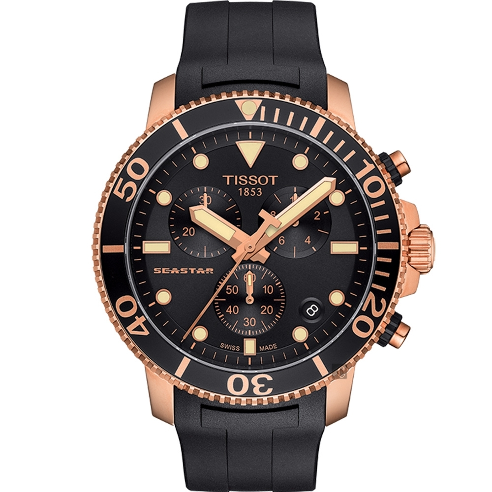 TISSOT 天梭 官方授權 Seastar 1000 海洋之星300米計時手錶 迎春好禮-黑x玫塊金框 T1204173705100