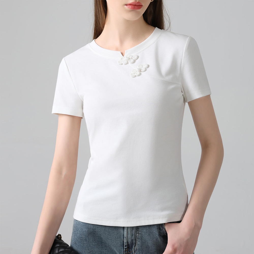 專注內搭-中式短袖T恤圓領盤扣上衣(二色 S-3XL可選) (白色)