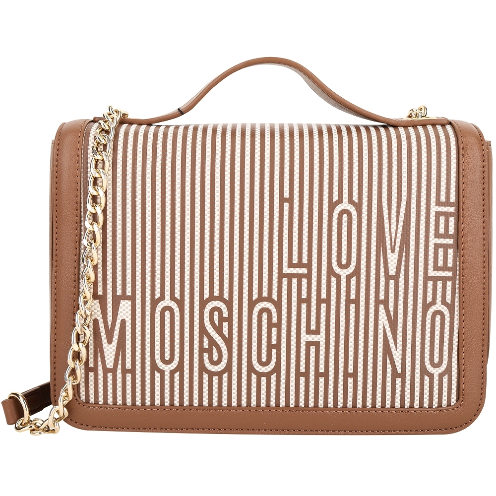 LOVE MOSCHINO 條紋帆布鍊帶翻蓋手提/肩背包(咖棕色)