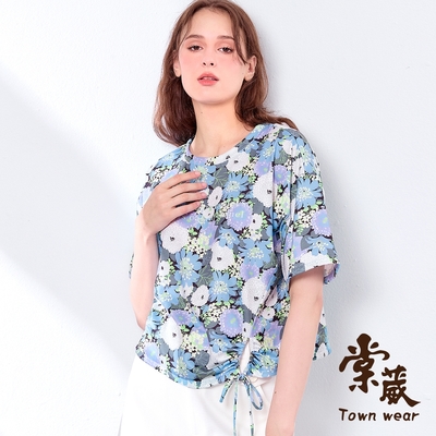 【TOWNWEAR棠葳】時尚花卉鏤空綁結上衣(中大尺碼/女上衣/女上著/棉質/印字/滿版/短袖/涼感)