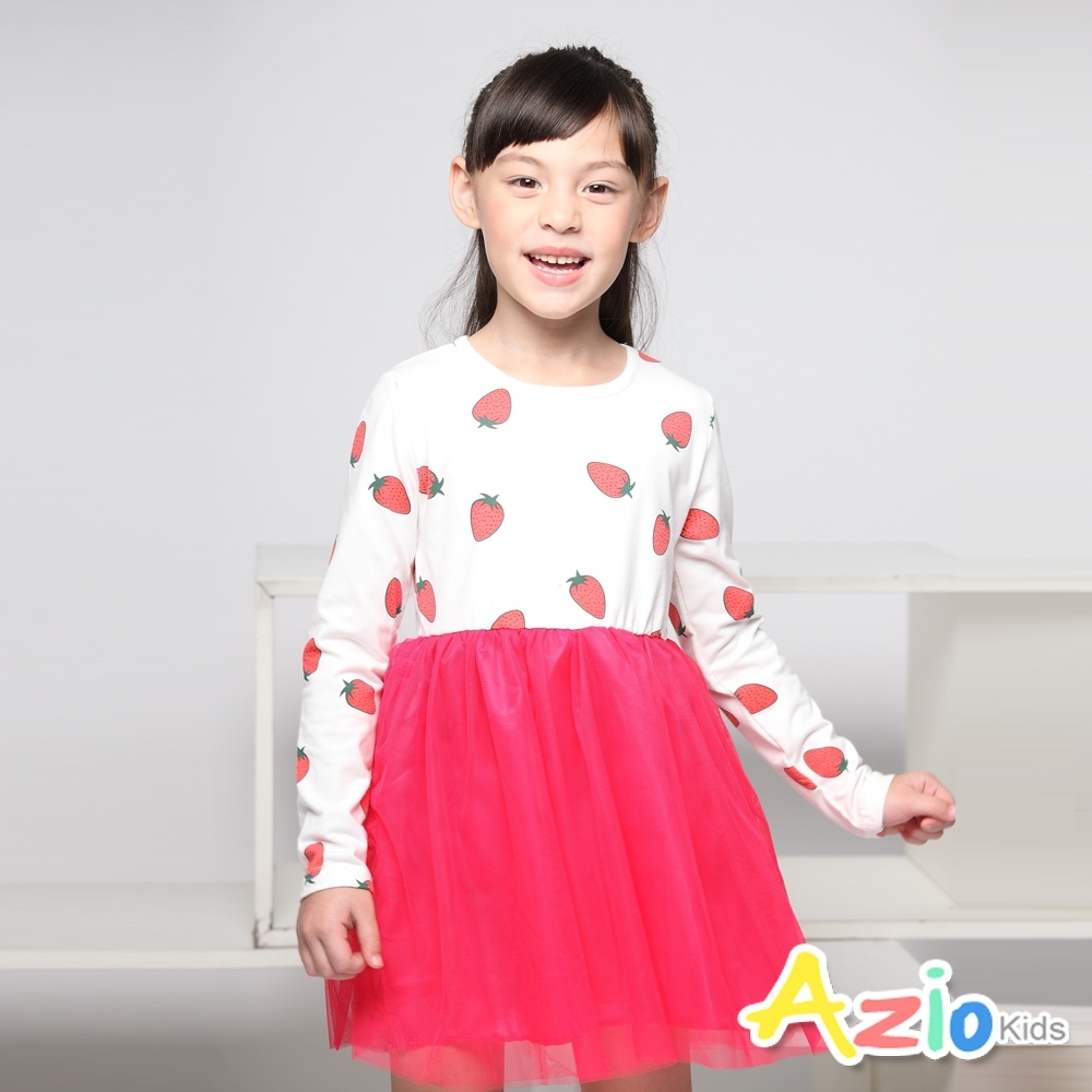 Azio Kids 女童 洋裝 滿版草莓公主澎澎紗裙洋裝  (桃紅)