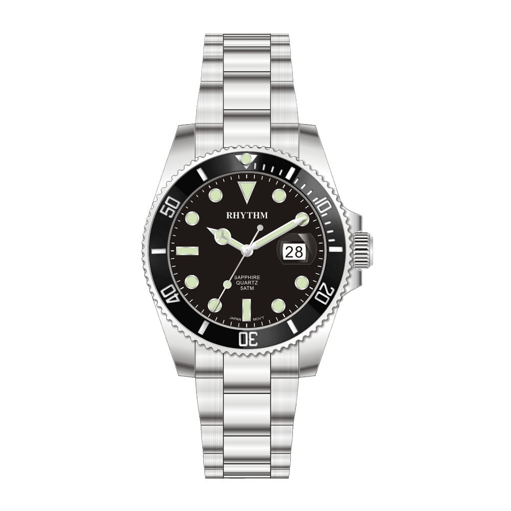 RHYTHM日本麗聲 防水100米分鐘印紋日期顯示石英腕錶-黑/41mm