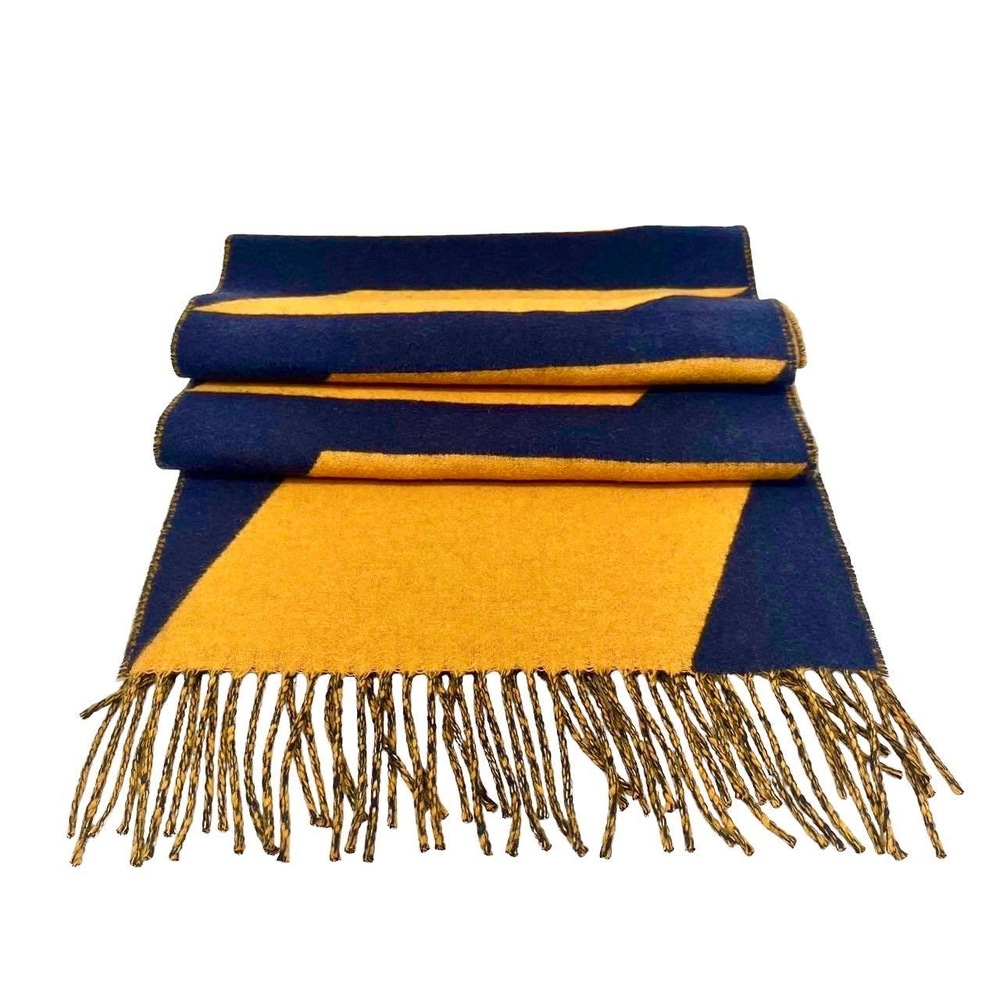 HERMES 經典喀什米爾羊絨雙面立體方塊抽象印花流蘇圍巾(藍/黃)