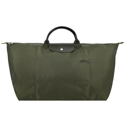 LONGCHAMP LE PLIAGE GREEN系列刺繡短把再生尼龍摺疊旅行袋(中/森林綠)