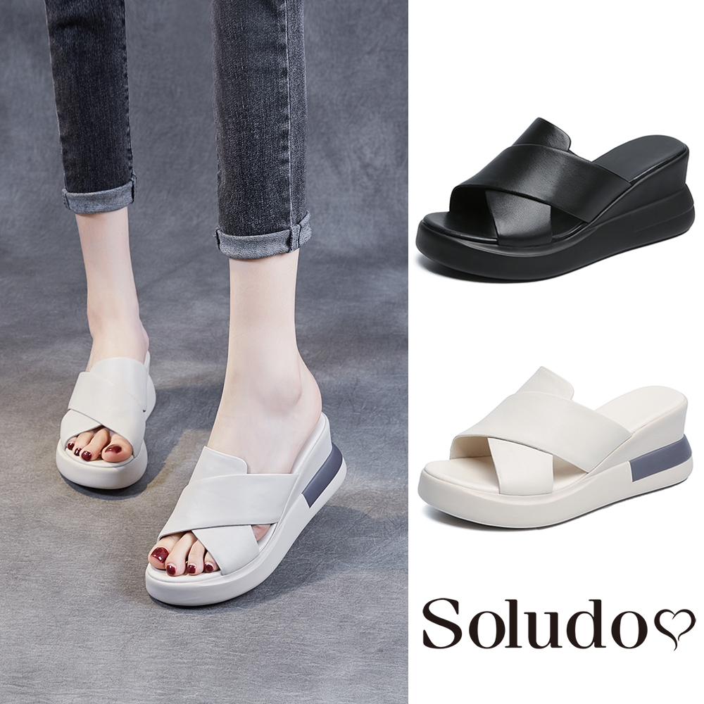 Soludos-正韓來台-仙女風百搭厚底魚口交叉造型涼拖鞋-增高7公分-黑/米白