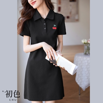 初色 櫻桃刺繡POLO領短袖顯瘦連衣裙洋裝-黑色-67976(M-2XL可選)