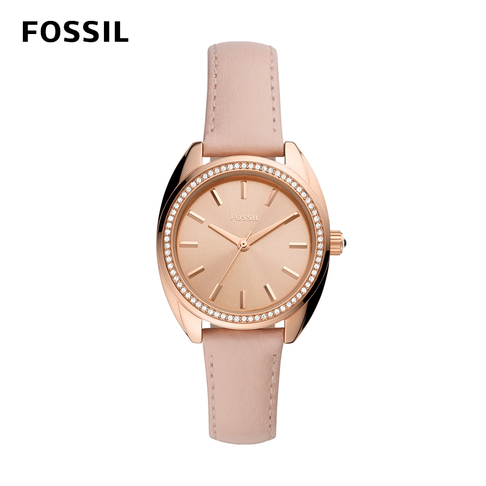 FOSSIL Vale 時尚都會鑽圈太陽能女錶 粉色真皮錶帶 34MM BQ3773