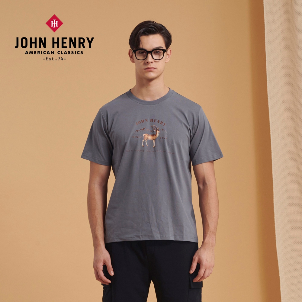 JOHN-HENRY-鹿印花短袖T恤-三色 (灰色)