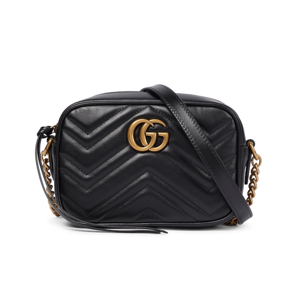 GUCCI GG Marmont Mini 迷你 皮革 山形紋 肩背包 斜背包 相機包 黑色 18公分 448065