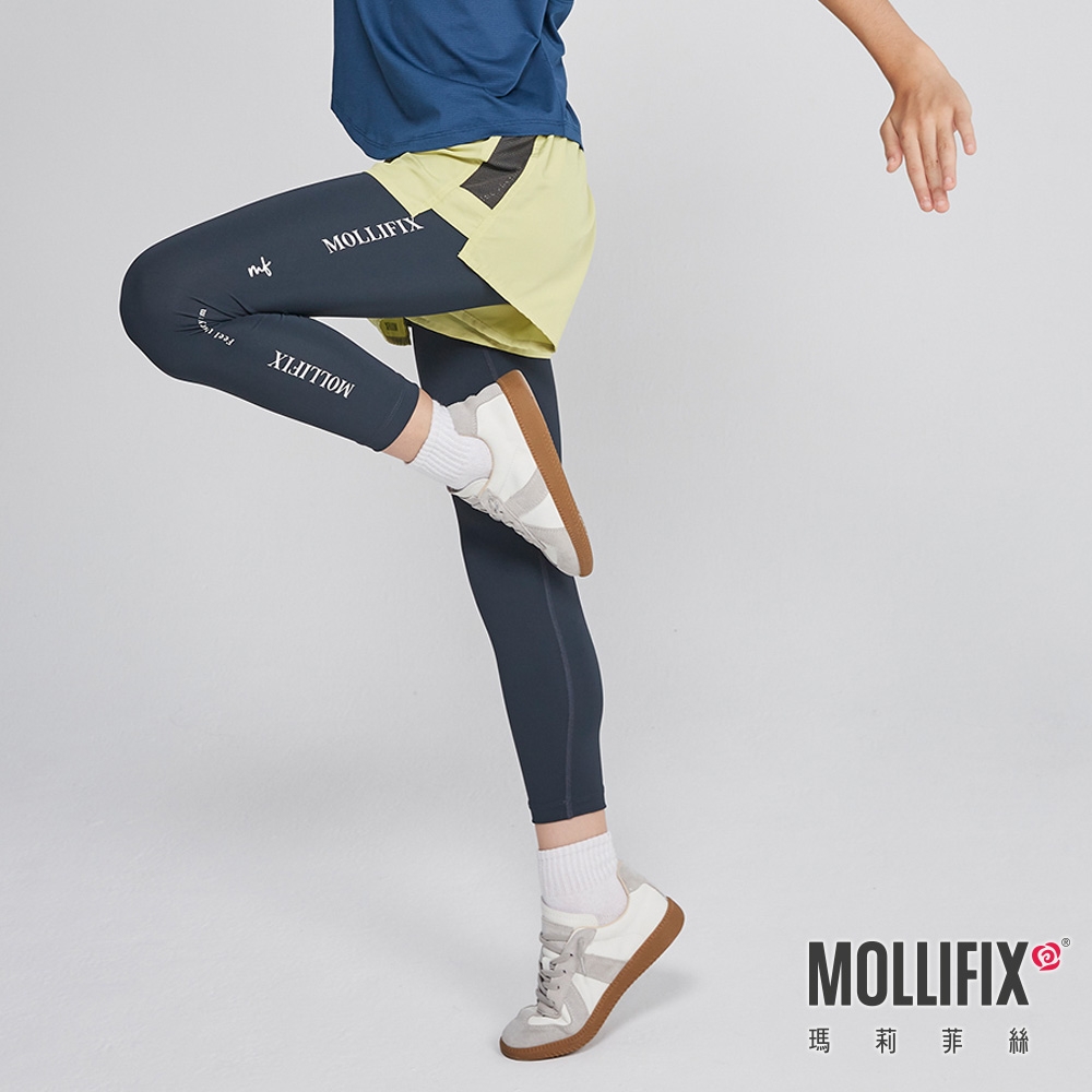 Mollifix 瑪莉菲絲 拼網透氣雙層訓練褲_KIDS (水墨綠+檸黃)、瑜珈服、瑜珈褲、Legging、暢貨出清
