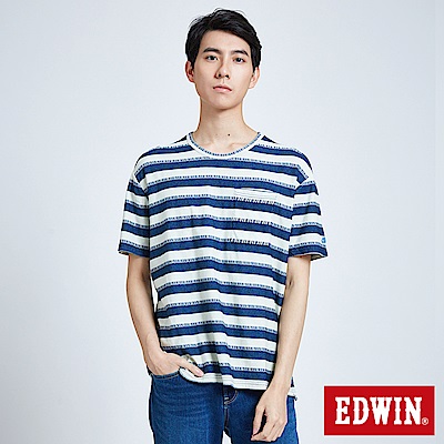 EDWIN 築地系列INDIGO寬條短袖T恤-男-拔洗藍